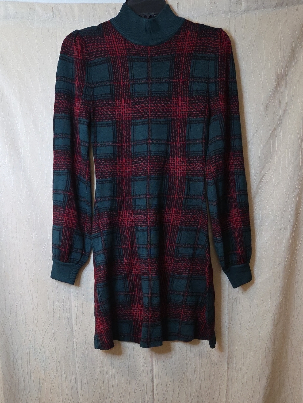 Crystal Doll Teal and Burgundy Plaid Knit Turtleneck Dress